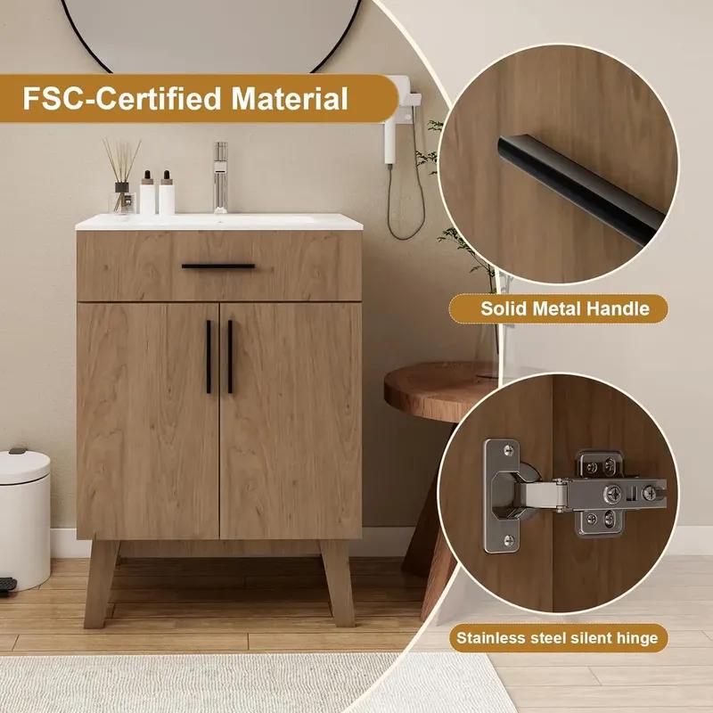 24-дюймовая тумба под раковину для ванной комнаты, Комплект тумбы с раковиной, с двумя дверцами шкафа с плавным закрыванием, Современный одинарный комплект шкафов для ванной, Индивидуальный