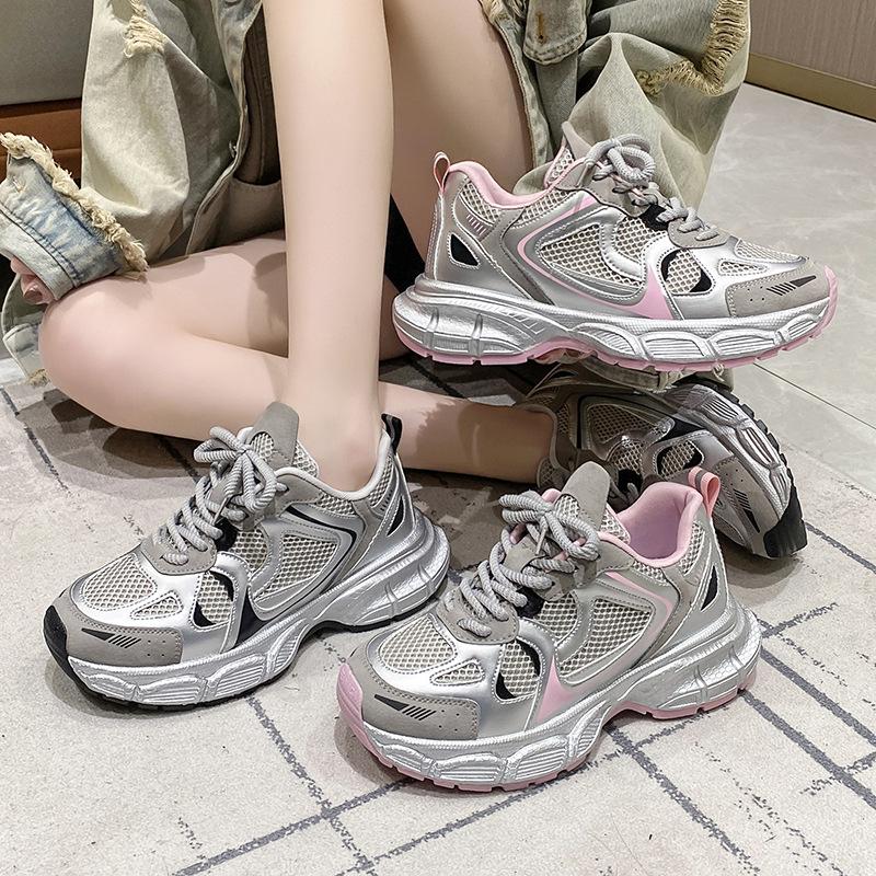 Туфли на платформе Dad Shoes, женская весенняя новая серебристая дышащая универсальная легкая спортивная и досуговая обувь