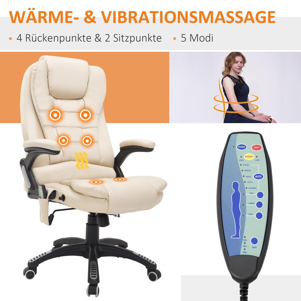 Office Chair with Massage Function, Heating Function, Height-Adjustable, Tilt Function, Massage Office Chair, Cream White + Black
