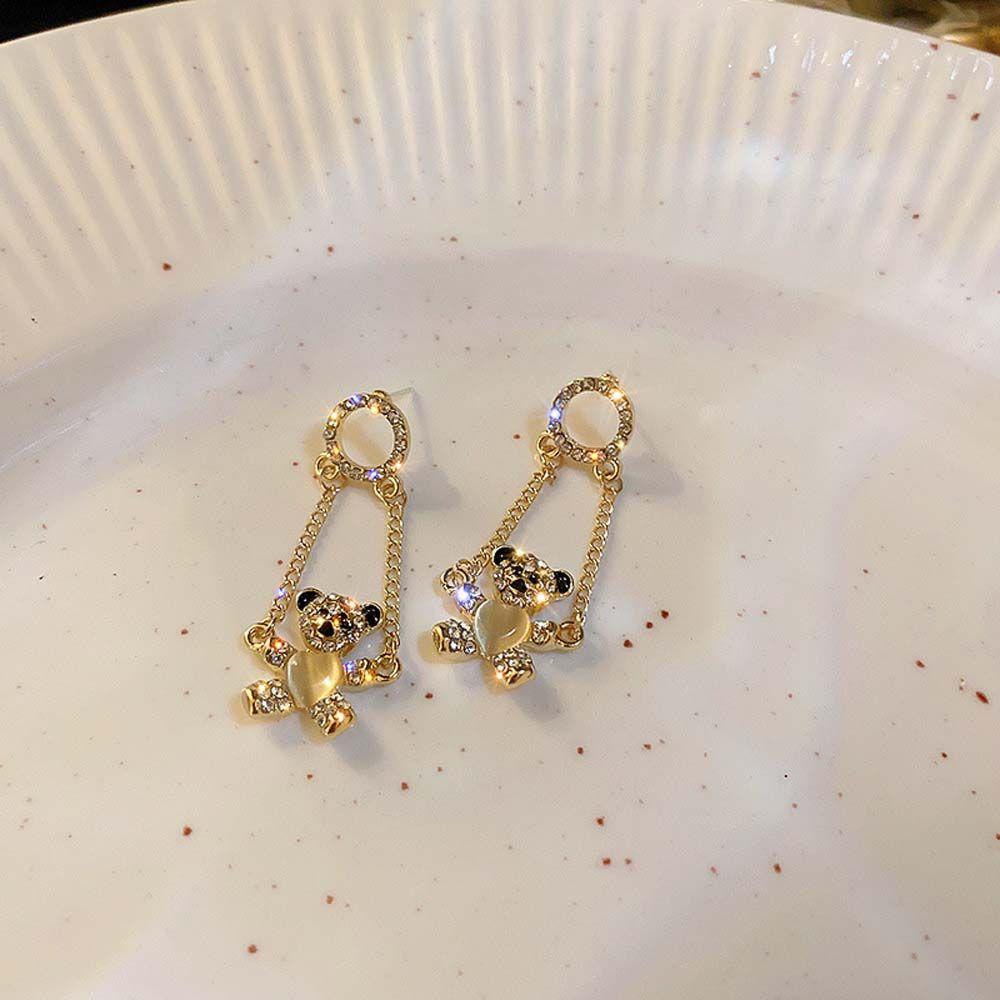 Silver Needle Rhinestone  Round Korean Style Bear Dangle Earrings Women Earrings Ear Studs