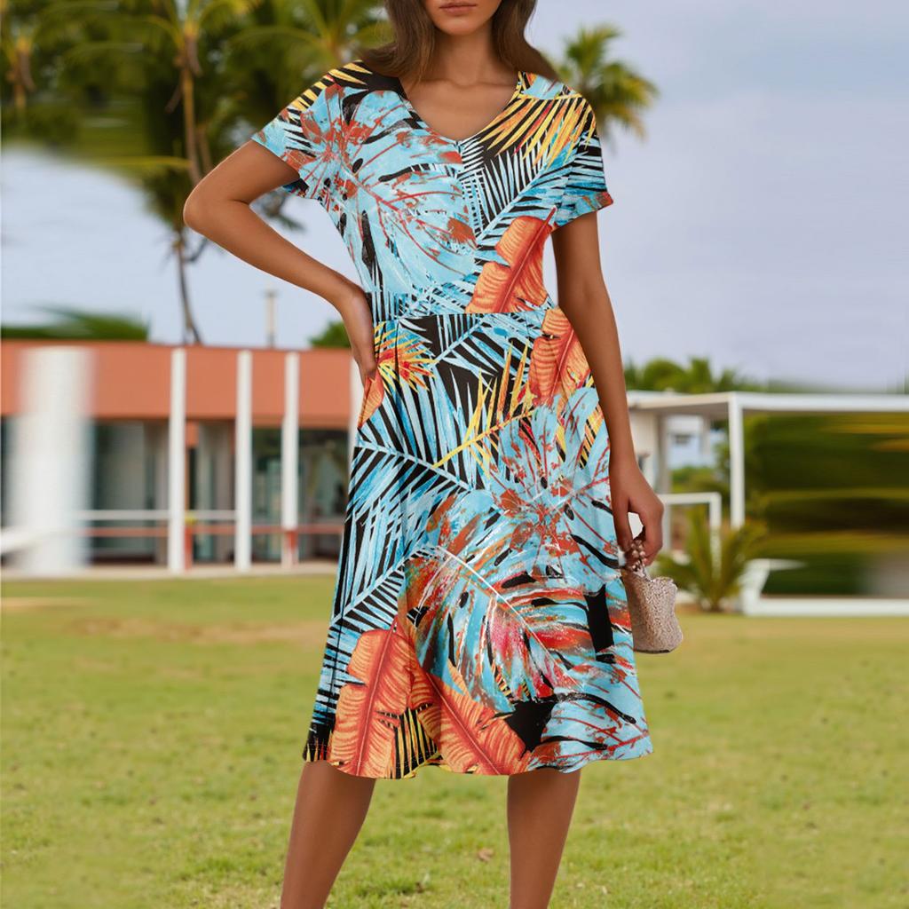 Ladies Summer Fashion Casual Floral Print V-Neck Short Sleeve Pocket Dress