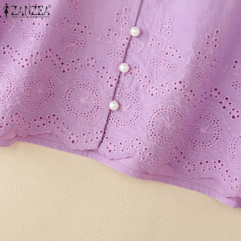 ZANZEA Женская повседневная блузка с круглым вырезом и рукавом 3/4 с вышивкой