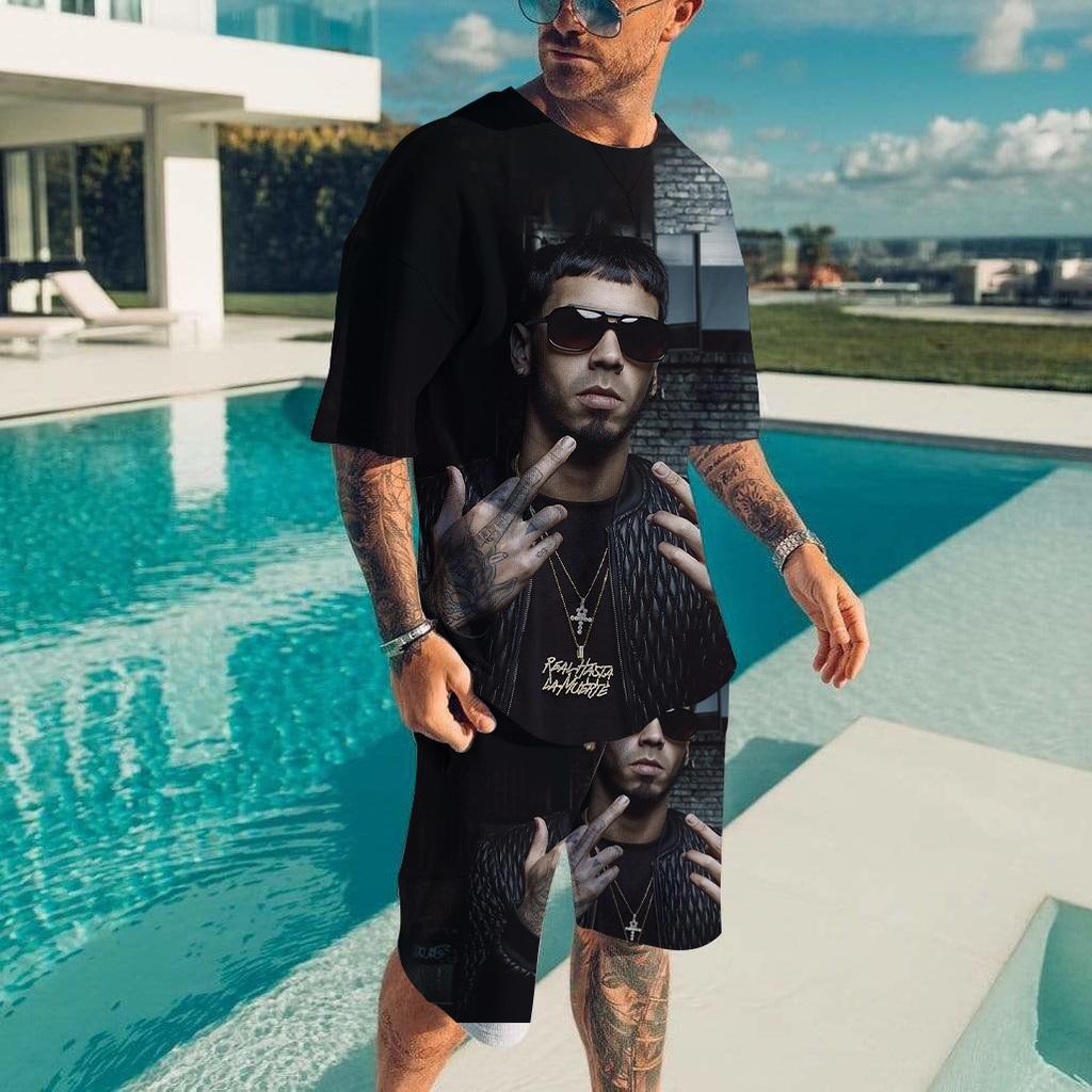 Мужские комплекты футболок Рэпер Anuel AA 3D-печать Модный спортивный костюм Футболки Шорты 2 предмета Мужская уличная одежда Оверсайз костюмы Спортивная одежда