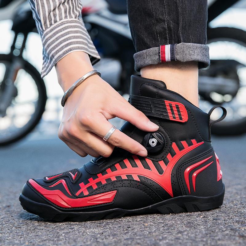 Унисекс кожаные мотоциклетные ботинки большого размера с кнопкой вращения, противоскользящие, противоударные, для соревнований, обувь для верховой езды