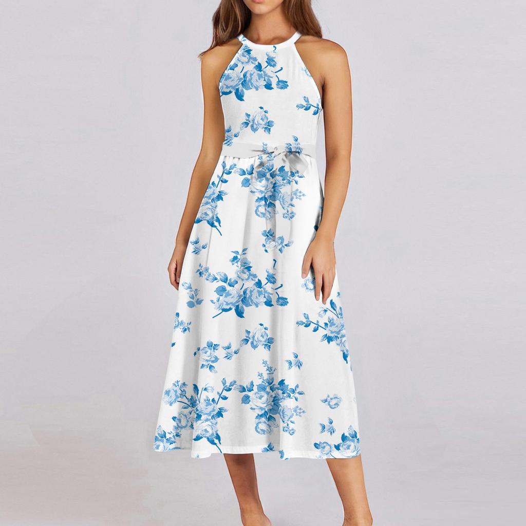 Женское повседневное платье миди с круглым вырезом, классическое, повседневное, без рукавов, свободное платье в стиле бохо с завязками, летний пляжный сарафан