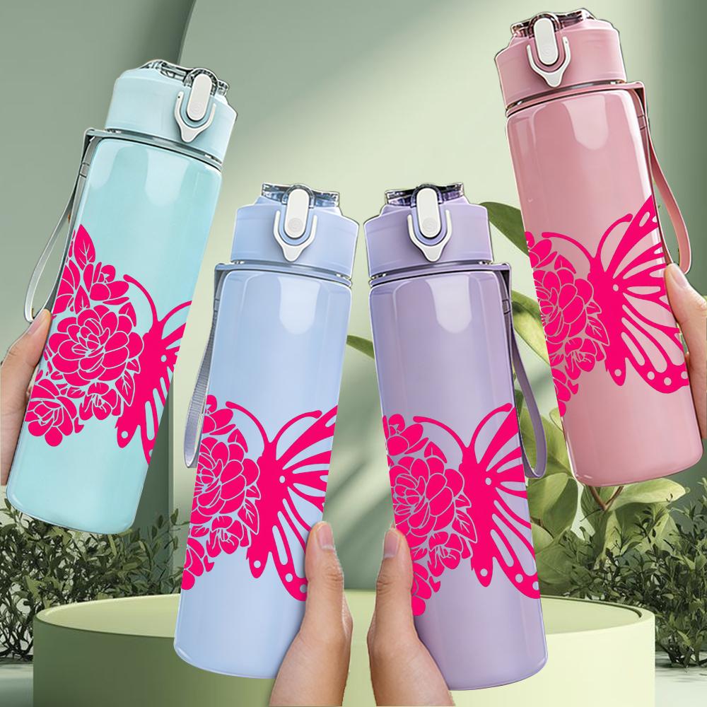1PC Bright Pink Solid Butterfly 750ml Color Plastic Sports Water Bottle Leakproof Flip Straw Lid Suitable for Sports Office Home Use