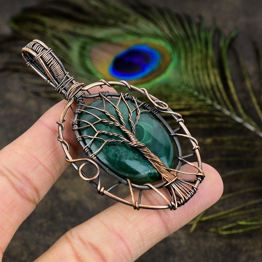 Malachite Handmade Copper Wire Wrap Jewelry Pendant 2.99" f7A50