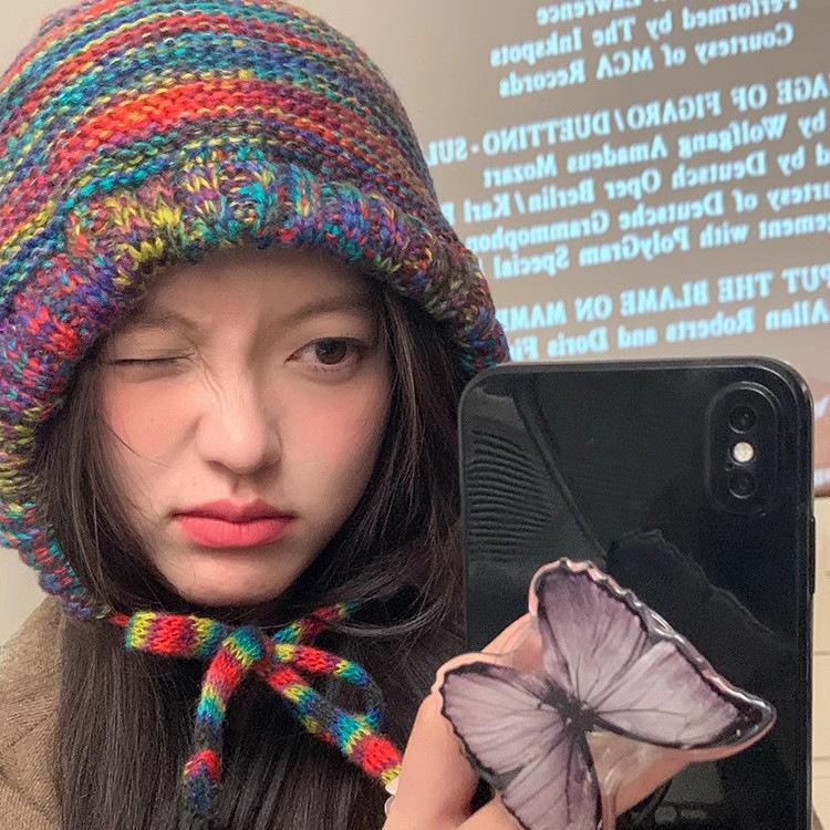 Rainbow gradual change wool hat women's autumn and winter face small bag hat retro wind fringe color warm knitted hat