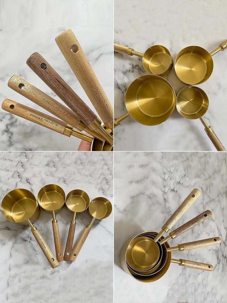 Leeseph 8 Piece Coffee Gold Measuring Cups Set and Measuring Spoons, Wood Handle Measuring Cups, Coffee Spoon Measuring Tools
