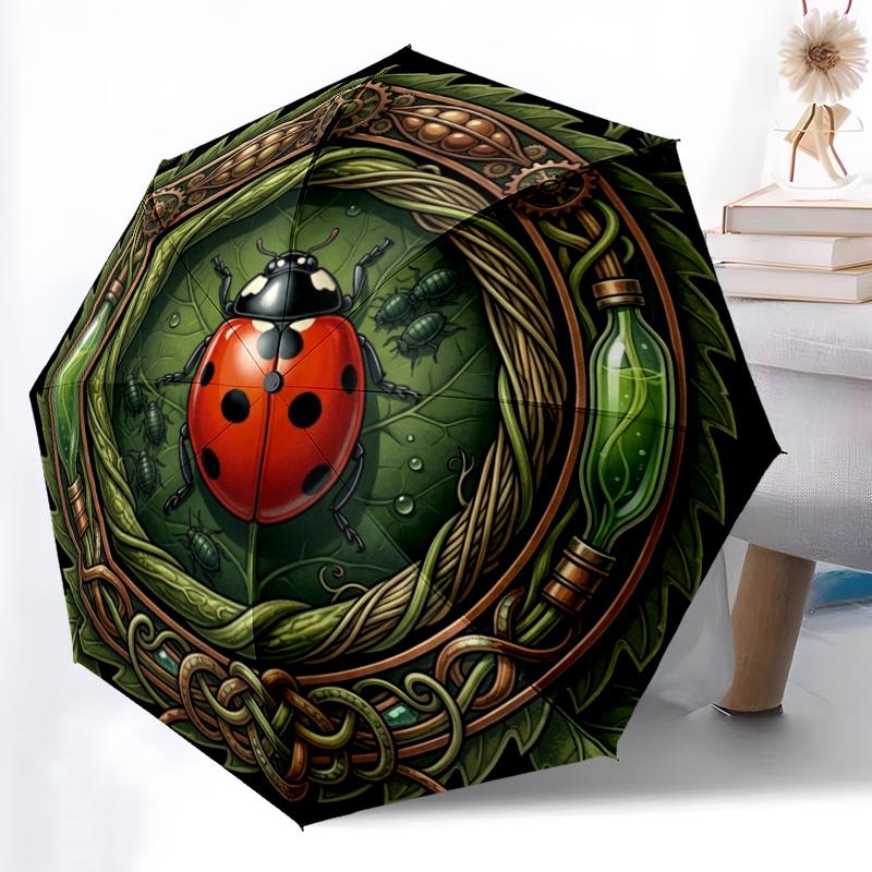 Ladybug Garden Emblem pattern umbrella, portable and foldable design, 8 ribs, a casual accessory for Halloween, Christmas, and birthday gifts.