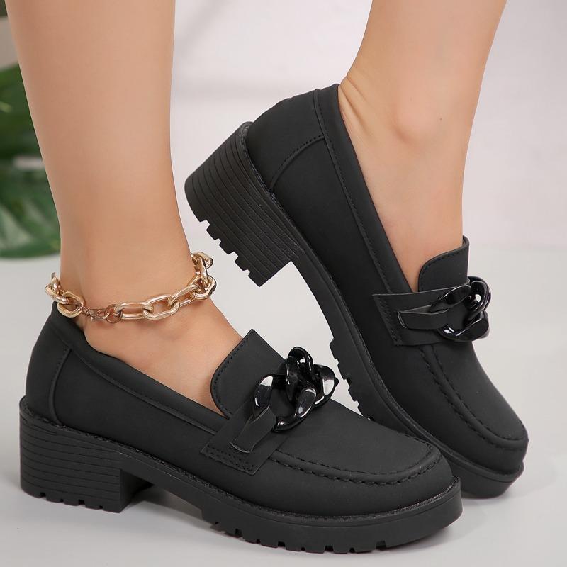 Fashion Metal Buckle Block Heel Single Shoes Autumn New Round Toe Deep Mouth Platform Sole Non-slip Wear-resistant Single Shoes