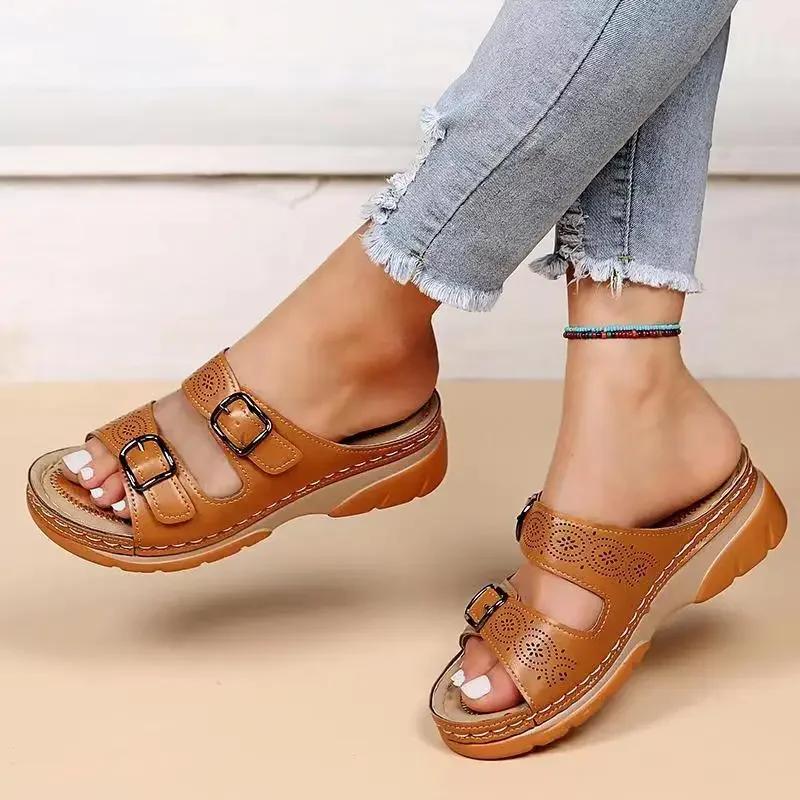 2025Women Closed Toe Summer Shoes New Comfort Double Buckle Wedge Ladies Sandals Plus Size Platform Casual Slippers Women