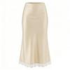 Satin A-line Skirt Women Lace Trim High Waist Elastic Sexy Long