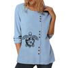 Женский синий повседневный топ с круглым вырезом, длинными рукавами, индивидуальными принтами и украшениями на пуговицах, размеры S-5XL