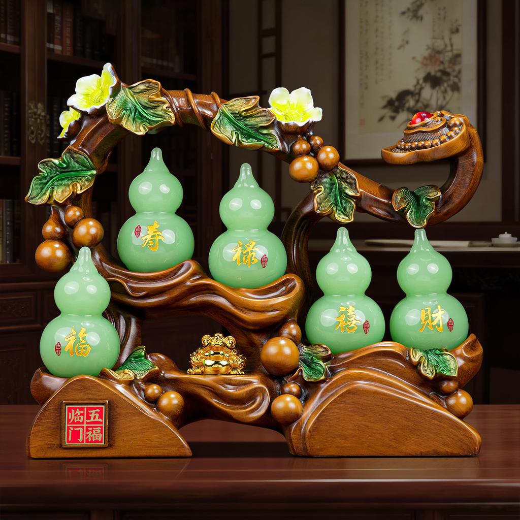 Five Blessings Gourd Statue - Handcrafted Glass Feng Shui Decor with Fortune Toads, Wealth Symbols & Gift Box for Home Office, Housewarming