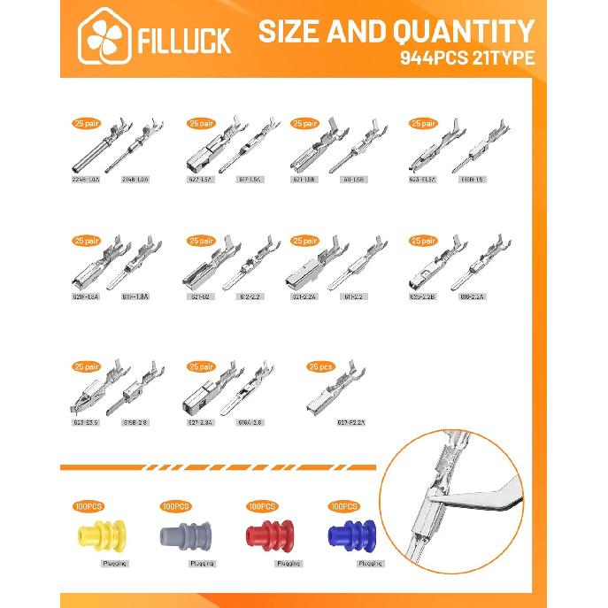 944Pcs Pin Connector Kit,Car Electrical Wire Connectors Terminal P,21Type Non-Ulated Plug 1/1.5/1.8/2.2/2.8/3.5Mm,Removal Male Female Crimp P,Large