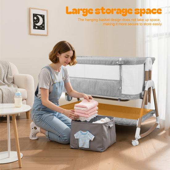 Height Adjustable Bedside Crib 3 in 1 Baby Bassinet Rocking Bassinet with Soft Mattress Wheels Bassinets 6 Adjustable Easy Folding Portable