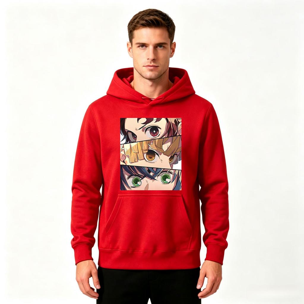 Men Anime Print Pullover Hoodie Casual Long Sleeve Sweatshirt with 3 Demon Character Eyes Pattern