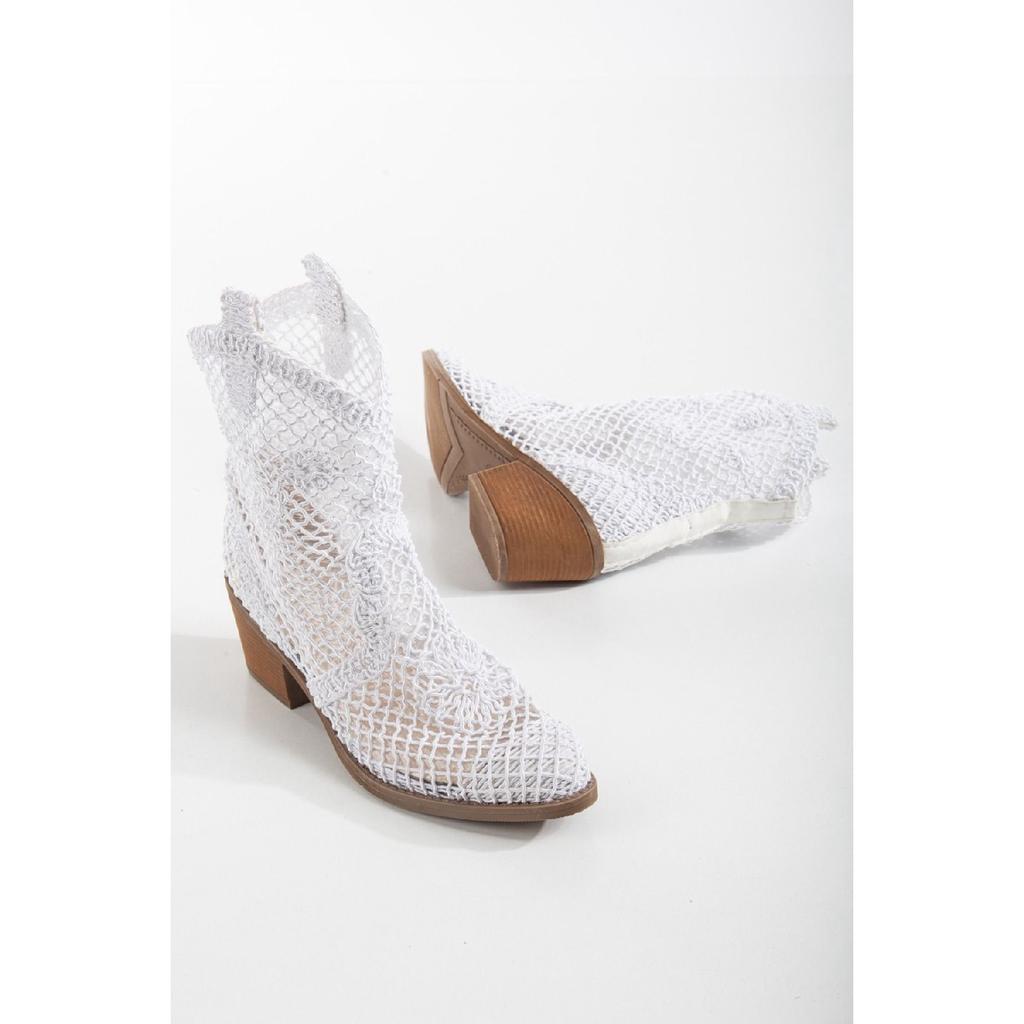 Летние женские ковбойские сапоги в стиле вестерн из кружевной ткани бежевого цвета Lotus