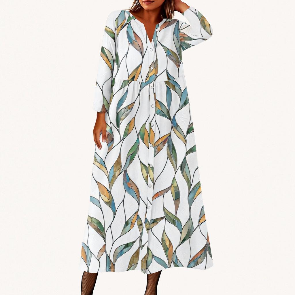 Women's Fashionable Printed Round Neck Seven Quarter Sleeve Button Loose Shirt Dress