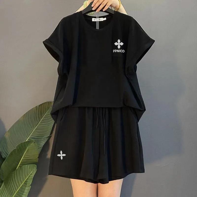 Костюм женский большого размера хлопковая футболка с капюшоном брюки из двух частей удобный топ с короткими рукавами и длинные брюки костюм из 2 предметов