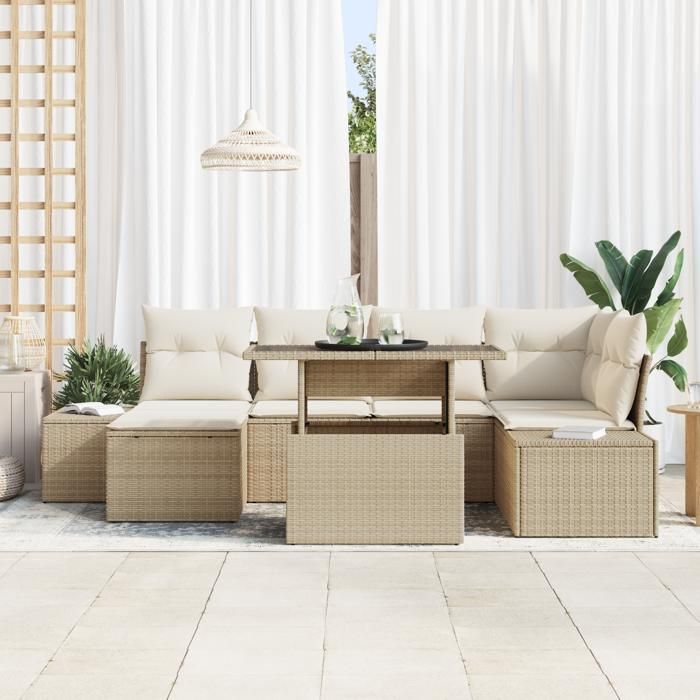 VidaXL Ensemble de canapé de jardin 7 pièces avec coussins beige en polyrotin 3349217