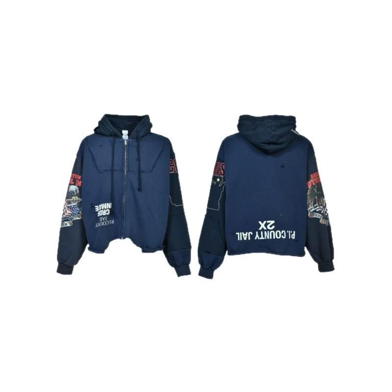 Unisex Distressed Patchwork Hooded Sweatshirt With Embroidered Zipper Front Casual Streetwear