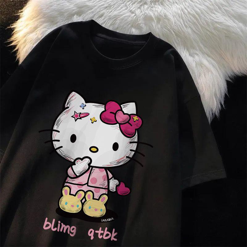 Футболка Hello Kitty с коротким рукавом из мягкого хлопка, повседневная, с круглым вырезом, милый мультяшный принт, легкий летний топ для женщин, для повседневной носки