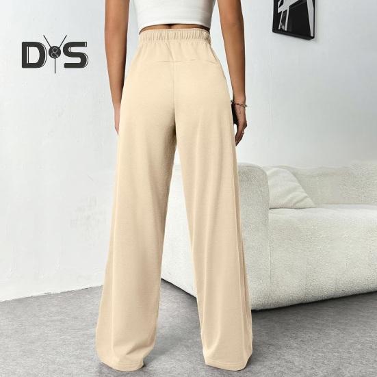 Women Pants Elastic High Waist Adjustable Drawstring Straight Wide Leg Trousers with Pockets Solid Color Casual Pants
