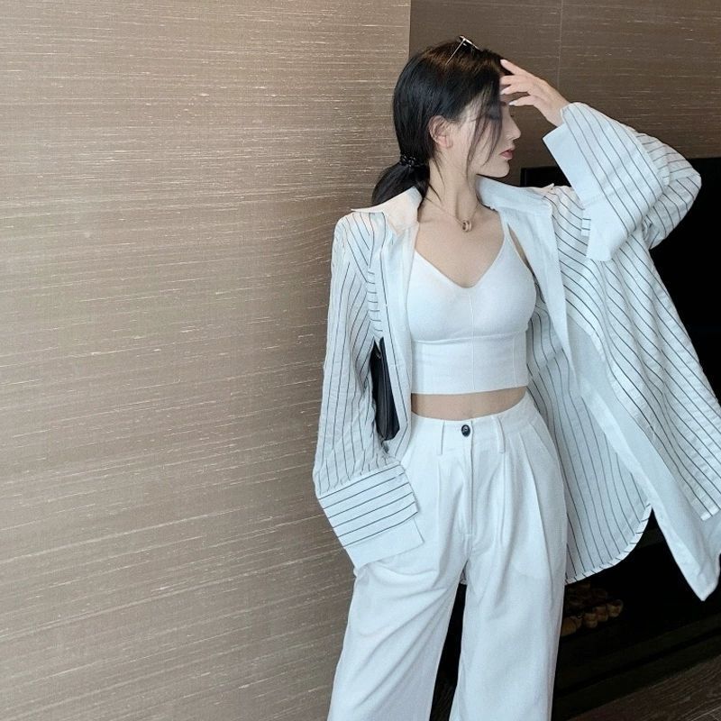 Women's Clothing Striped Loose Shirt Summer Long Sleeve Lightweight Cover Up Korean Style Casual Oversized Cardigan New