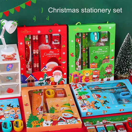 Christmas Stationery Set Cartoon Xmas Pattern Pencil Sharpener Erasers Pencils Kawaii School Stationery Supplies