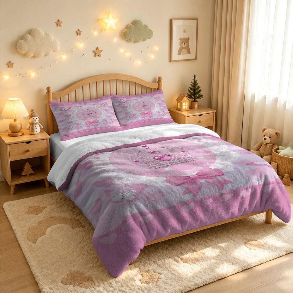3PCS Pink Crown Heart Butterfly Lace Milk Velvet Duvet Cover Set Soft Warm Winter Bedding 1 Duvet Cover 2 Pillowcases No Fill