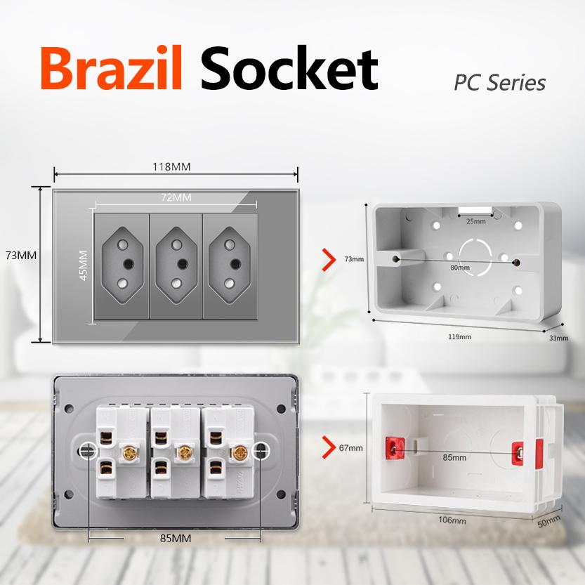 Glass Panel Brazil Registered Jack Dual Usb C- Type Light Switch Office Wall Power Socket 118 * 72mm Grey Fiberglass 20a 10a