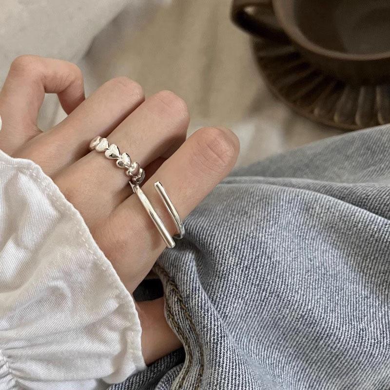 BF CLUB 925 Sterling Rings for Women Fashion Geometric Handmade Irregular Heart Double Lines Ring Party Christmas Gift