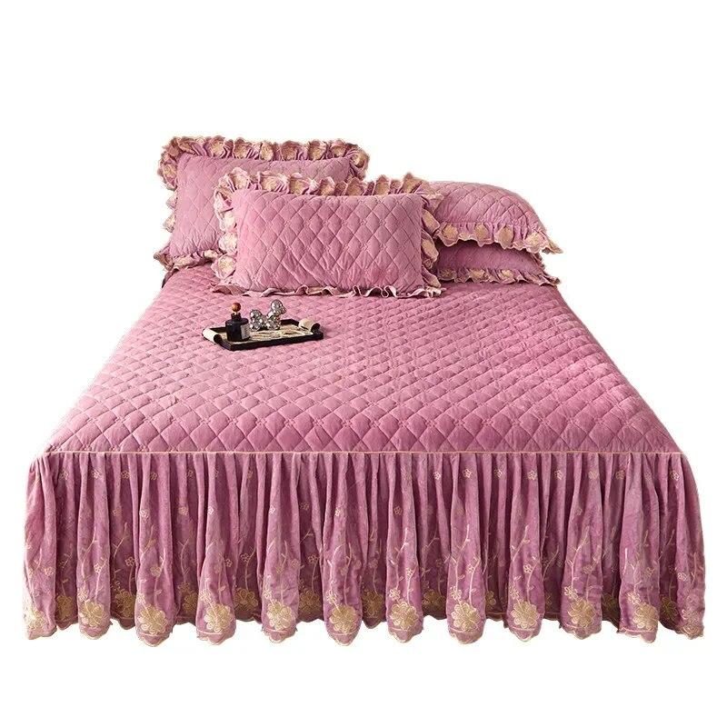 Стеганое покрывало с цветочной вышивкой, плотная бархатная юбка-кровать, роскошная мягкая юбка с 2 подушками, дропшиппинг Queen King