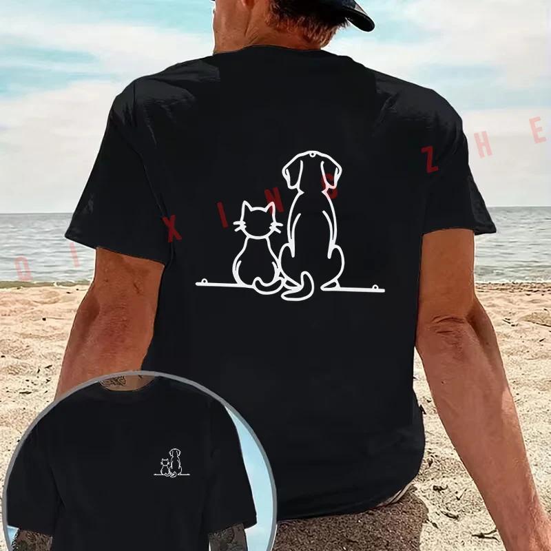 Line Cat Dog Easy Cute Pet Healing motorcycle T-Shirt Cotton Double-Sided Print Men Casual Sho