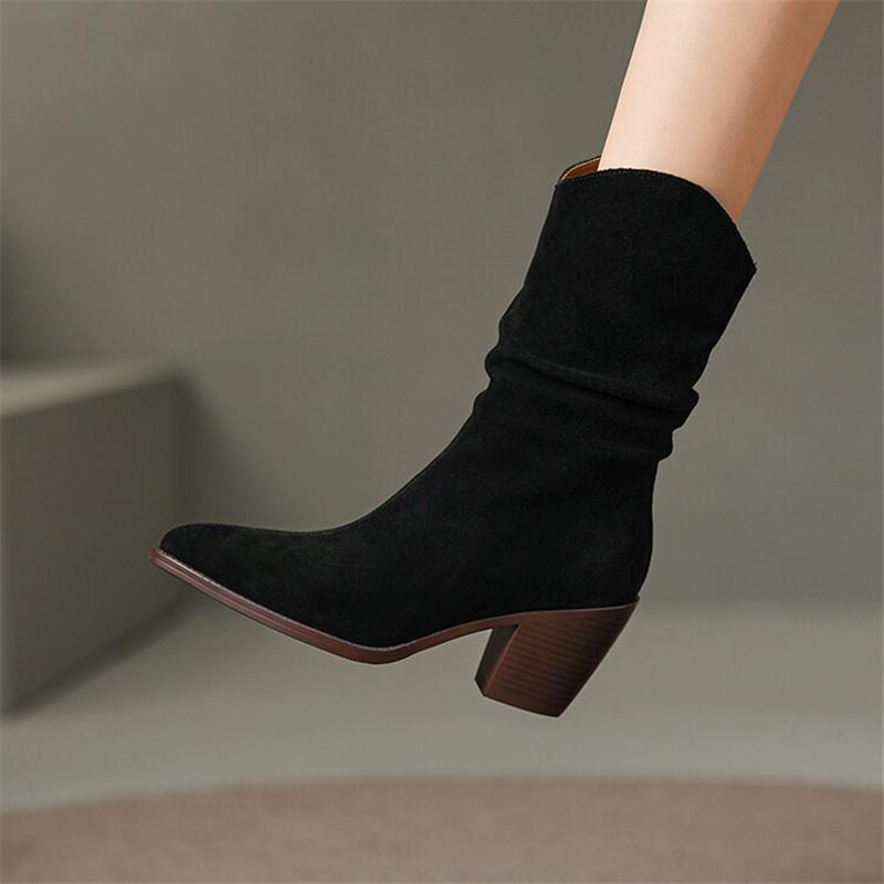 Мода 2025 Осень Замшевые женские ботинки с острым носком на массивном каблуке Зимние ботинки до середины икры На высоком каблуке Zapatos Mujer