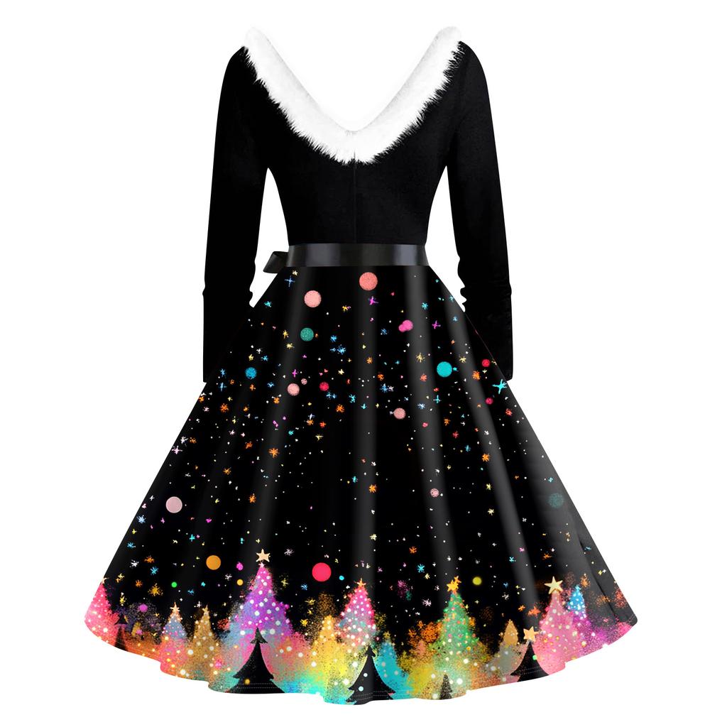 Женская мода с v-образным вырезом, повседневные тонкие рождественские платья с воротником из волос и длинными рукавами с принтом