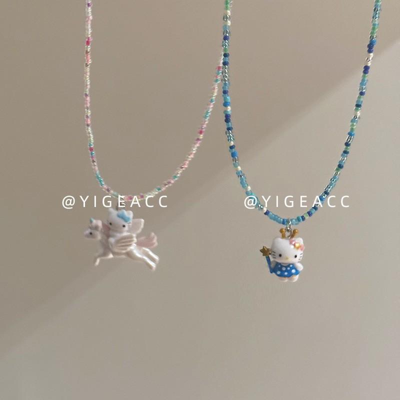 Acrylic Cartoon Pendant Necklace Girls - Colorful Beaded Chain Kawaii Cat Design Sweet Princess Style Jewelry Accessory