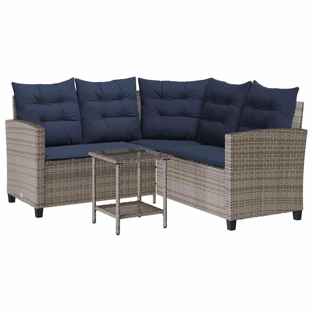 L shaped Garden Sofa Set with Table and Cushions Gray Poly Rattan