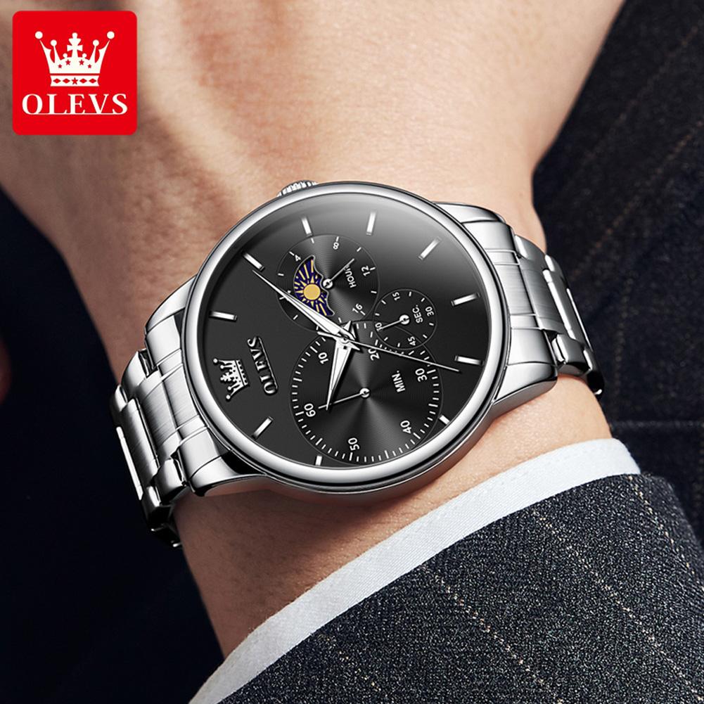 OLEVS Moon Phase Men's Watch Simple Casual Original Fashion Quartz Watch for Men Waterproof Luminous Stainleess Steel Wristwatch