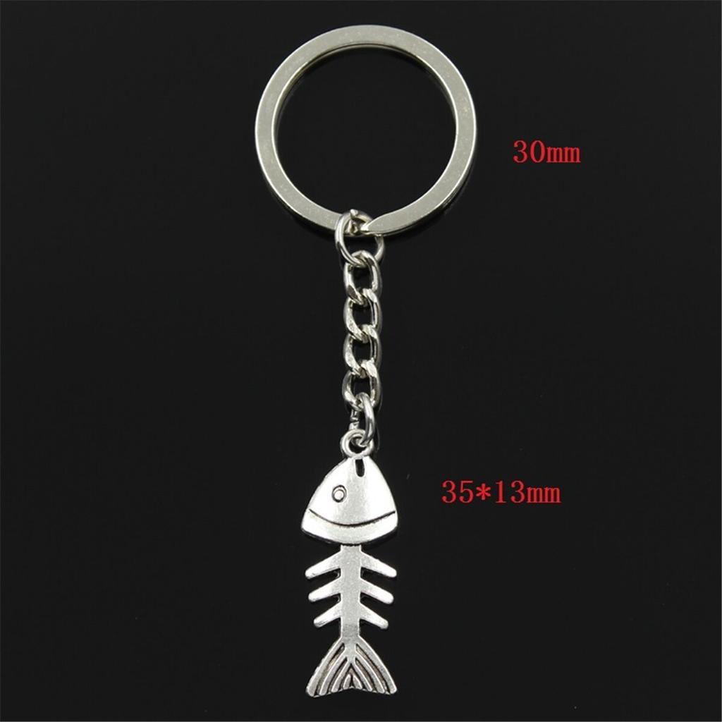 Fashion 30mm Key Ring Metal Key Chain Keychain Jewelry Antique   Plated Fish Bone 35x13mm Pendant