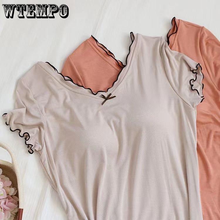WTEMPO Ночная рубашка из модала с бюстгальтером, женская летняя тонкая свободная пижама с короткими рукавами, большие размеры, однотонная повседневная домашняя одежда