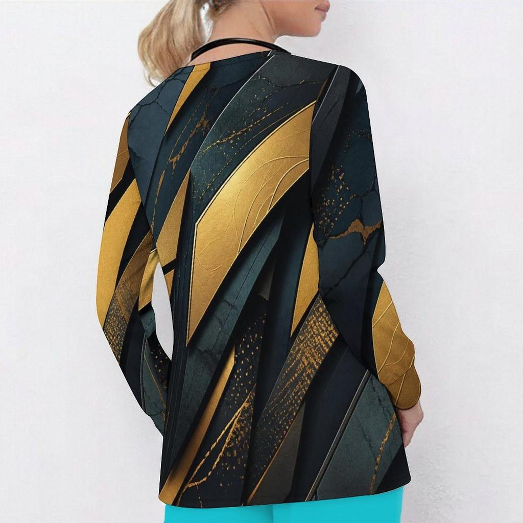 Women Plus Size Black Blue Printed Scrub Top V Neck Long Sleeve With Pockets
