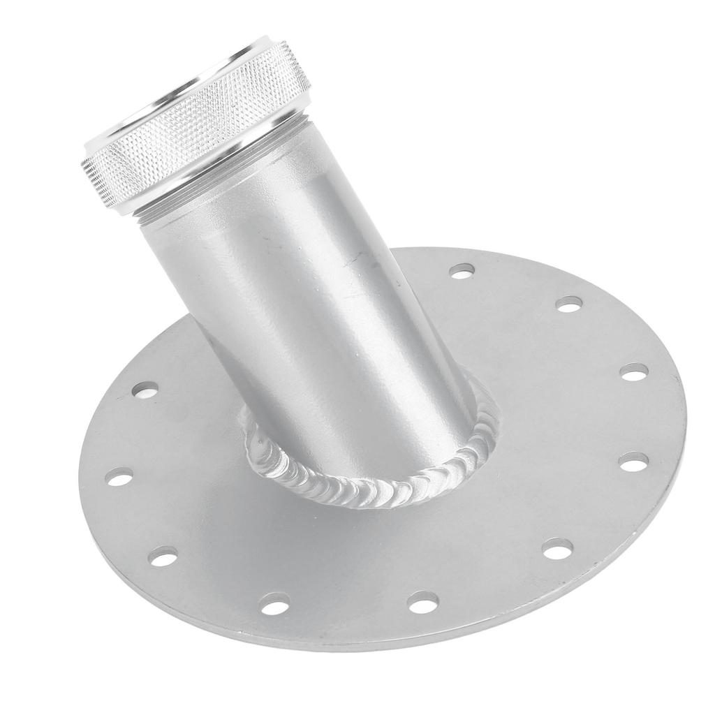 45 Degree Fuel Cell Filler Neck with 12 Bolt Steel Base Aluminum Cap 1.5in Inner Diameter Silver