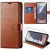 Protective Case - BOOLING - for Samsung Galaxy S25 Ultra - Brown Leather Effect - 2 Tempered Glasses - Shockproof