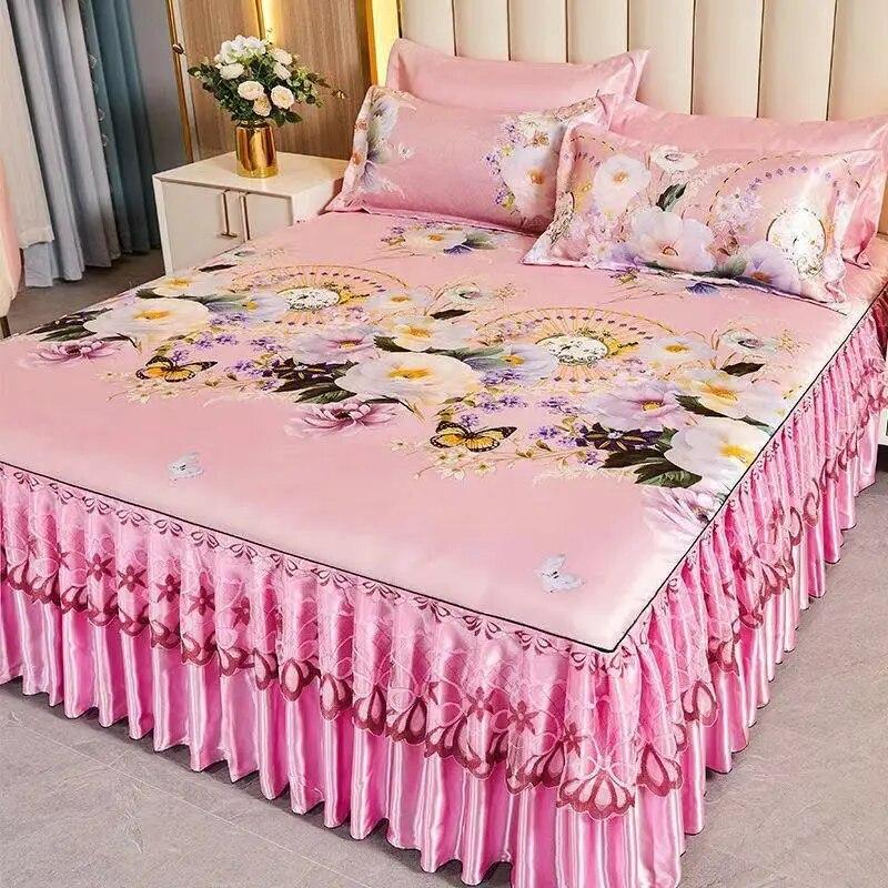 3 шт./лот, комплект двуспальных простыней, классическая кружевная королевская синяя простыня, юбка, можно стирать в машине, свадебное покрывало, наматрасник