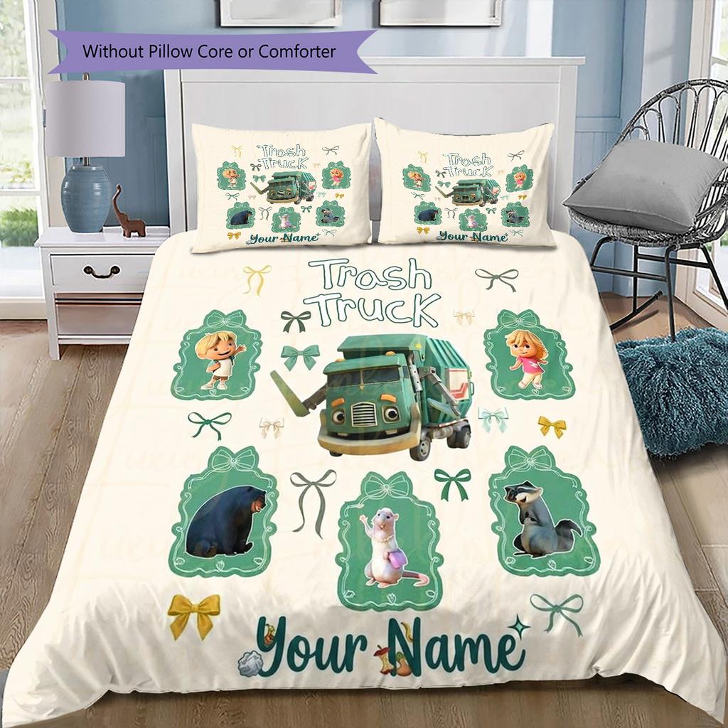 Trash Truck Adventure Custom Name Pattern Bedding Quilt Set Quilt Cover Pillowcase Home Birthday Gift(1 * duvet cover + 2 * pillowcase, without core)