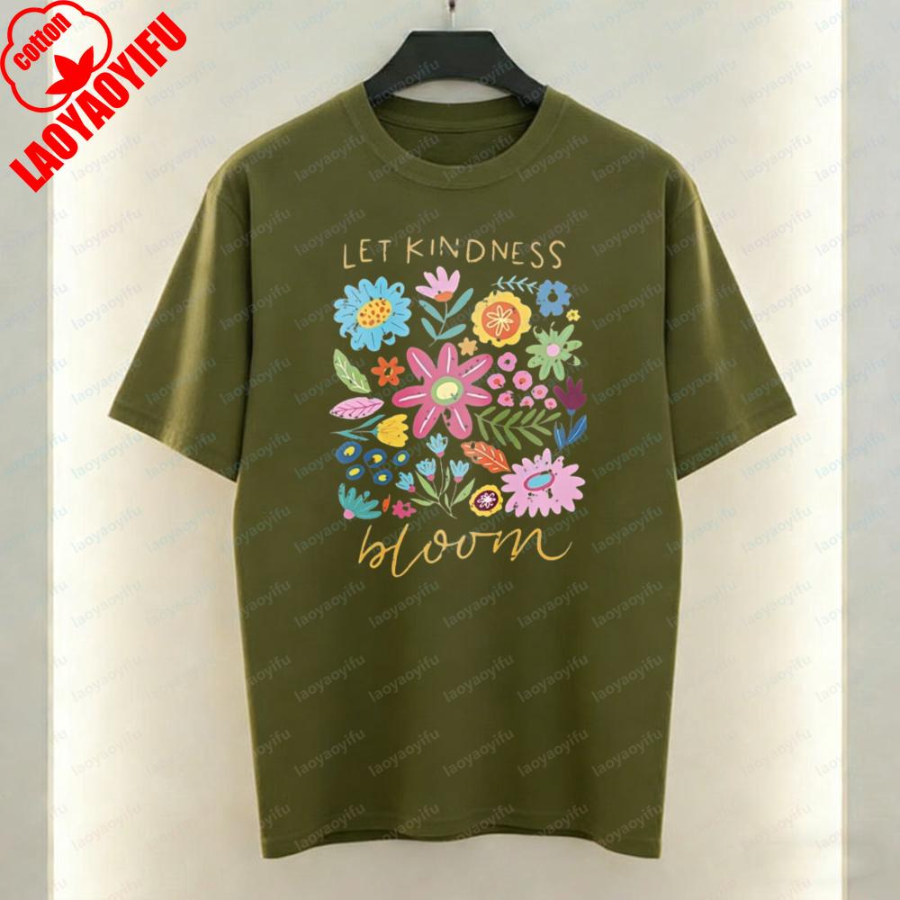 Let Kindness Bloom Art Aesthetic TShirt Colorful Wildflower Graphic Tops Fun Trendy Harajuku Casual Style Cotton Tee for Women