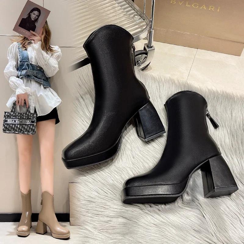 British Style Square Toe Ankle Boots for Women Autumn/Winter Back Zipper Thick High Heel Chelsea Boot Office Shoes Botas Mujer